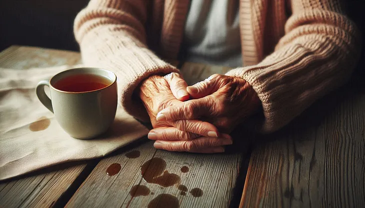 Elderly hands clasped on a wooden table, wearing a cardigan, with a slightly chipped mug of tea and spilled tea drops nearby, creating a warm and serene atmosphere