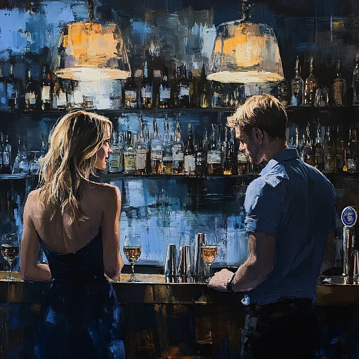 A man and woman standing at a bar