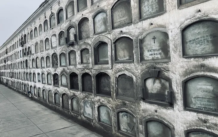 A gray wall lined with niches that hold tombs