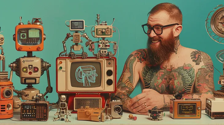 A man with tattoo, beard and glasses, smiling at many mini robots around him. AI image created on MidJourney by Henrique Centieiro and Bee Lee.