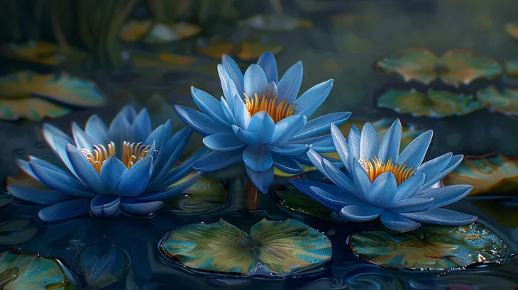 An illustration of blue water lilies on a pond.