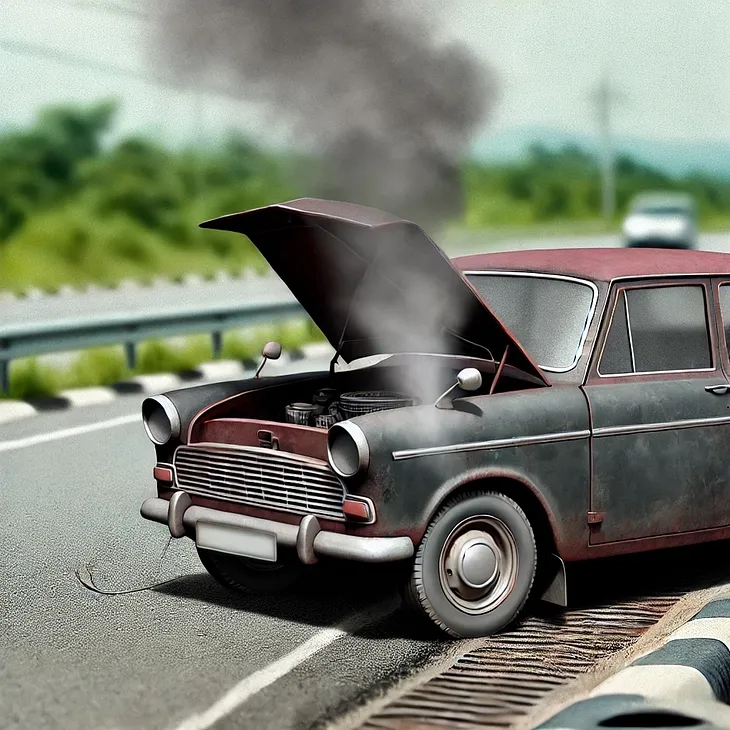 IMAGE: A hyper-realistic illustration of an old car on the side of the road with its hood open, experiencing car trouble with smoke coming out of the hood