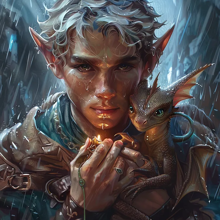 A male elf in a storm, holding a tiny dragon in his arms.