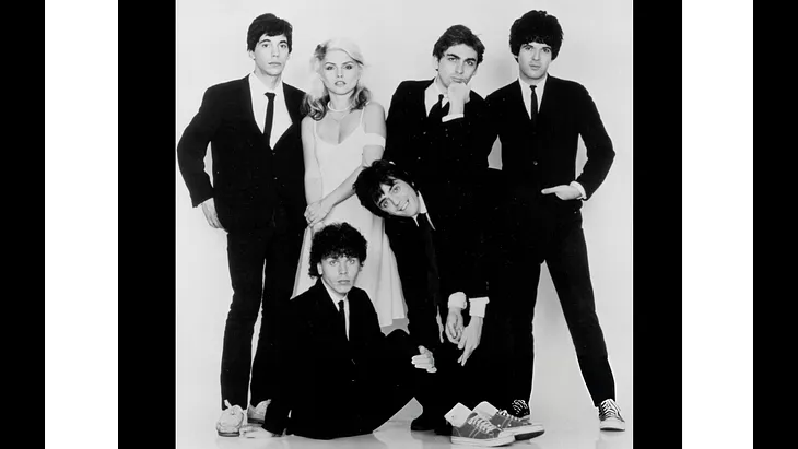 A black and white photo of the band Blondie