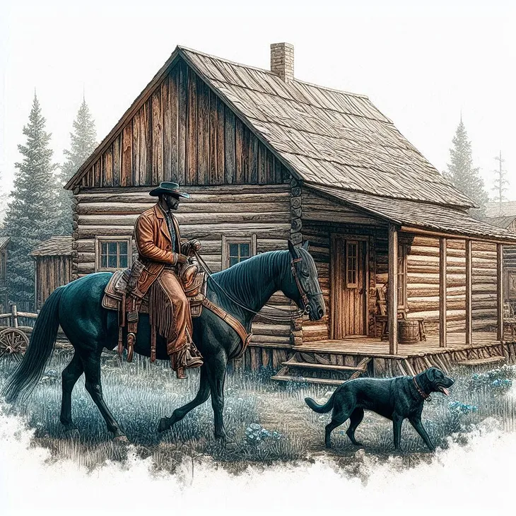 A weather old log cabin sits behind a Texas Ranger on horseback while his loyal companion, a mongrel dog, walks ahead.