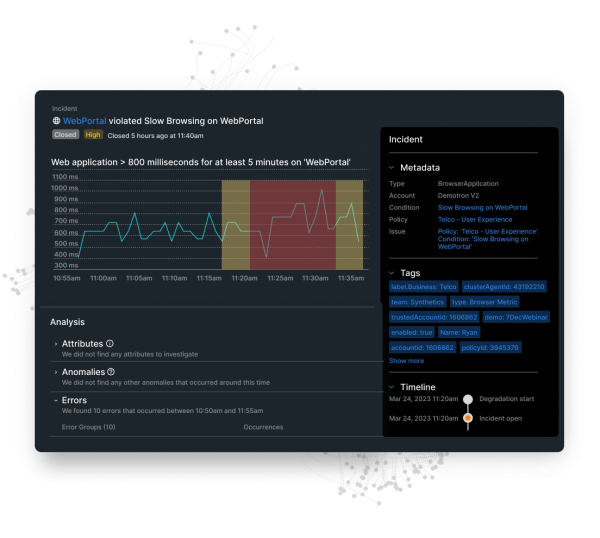 Dashboard de New Relic que muestra datos de incidentes