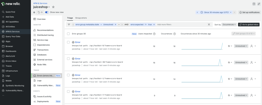 Showing how errors show up in Juice Shop using APM