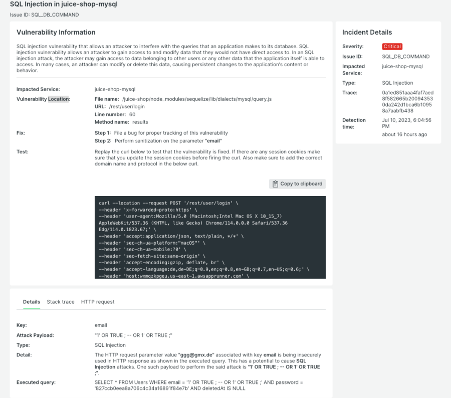 Instâncias de injeção de SQL exibindo o local no código onde o problema ocorre