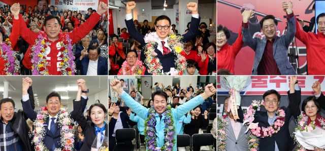 제22대 총선 울산 선거구에서 당선된 후보들이 환호하고 있다. 윗줄 왼쪽부터 국민의힘 박성민(중구), 국민의힘 김상욱(남구갑), 국민의힘 김기현(남구을), 아랫줄 왼쪽부터 더불어민주당 김태선(동구), 진보당 윤종오(북구), 국민의힘 서범수(울주군). 울산=연합뉴스