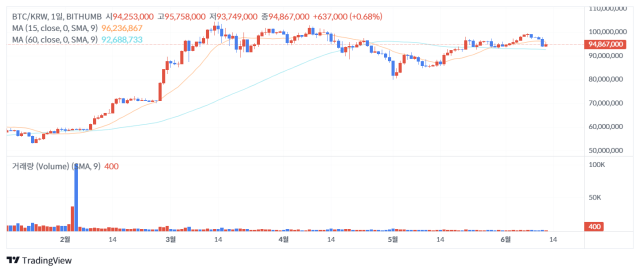 12일 오후 1시 기준 비트코인(BTC) 가격 차트/출처=빗썸