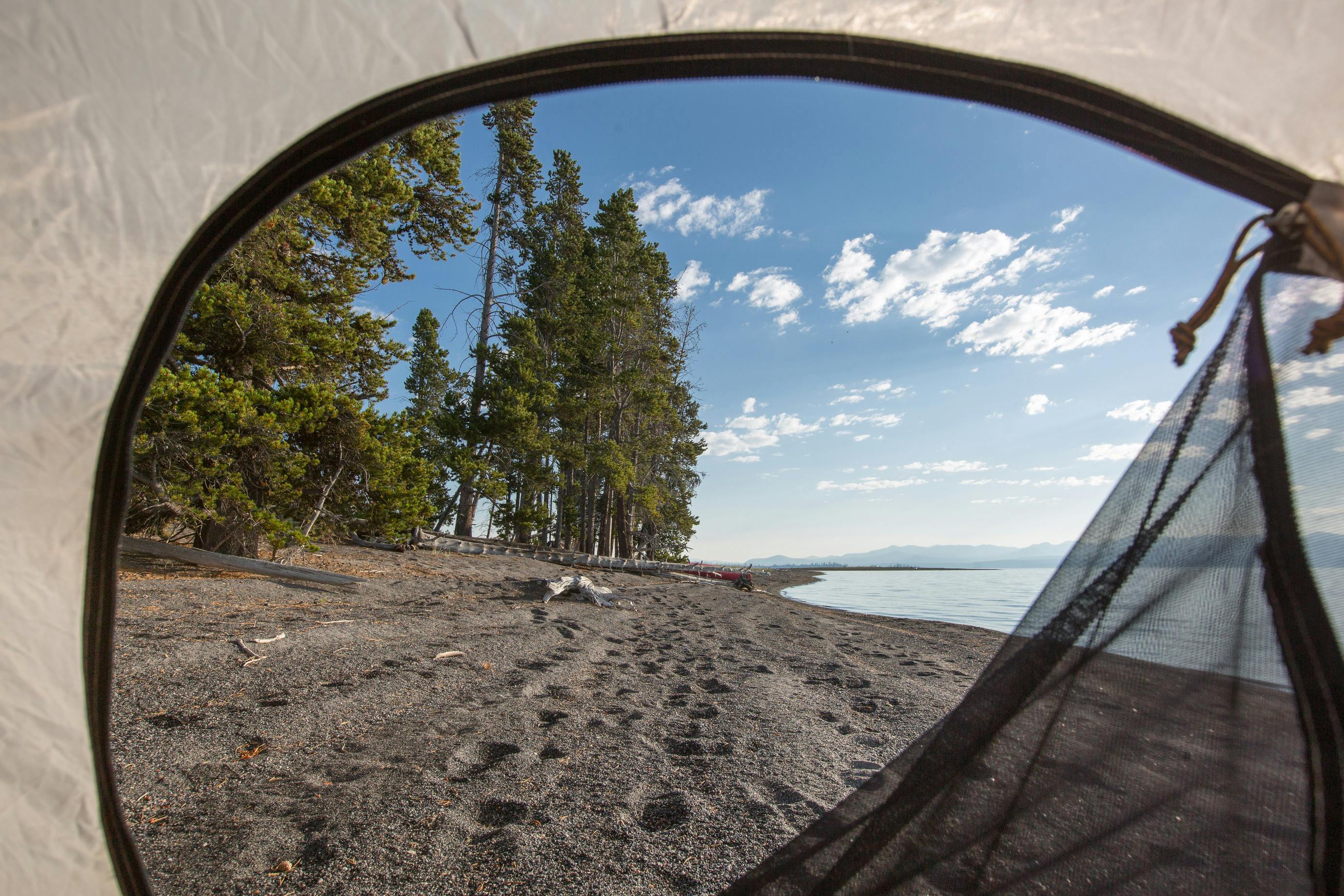 view from tent on a beach