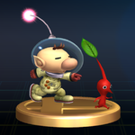 Trophy of Captain Olimar and a Red Pikmin from Super Smash Bros. Brawl.