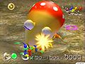 Olimar and his Pikmin fighting a Bulborb.