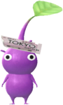 A Purple Station Decor Pikmin with Ticket decor from Pikmin Bloom.