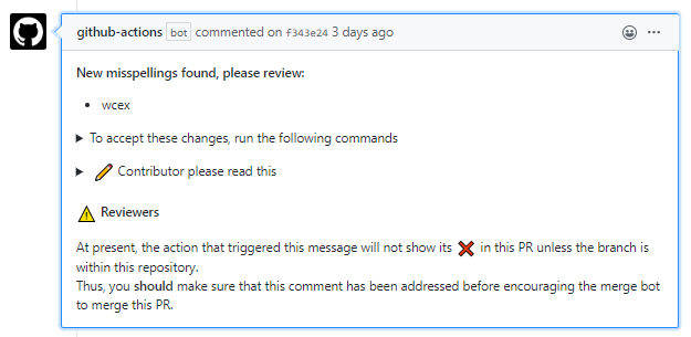 Comment with advice in response to a commit with misspellings