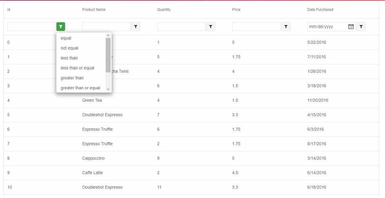 Table with Filter Row