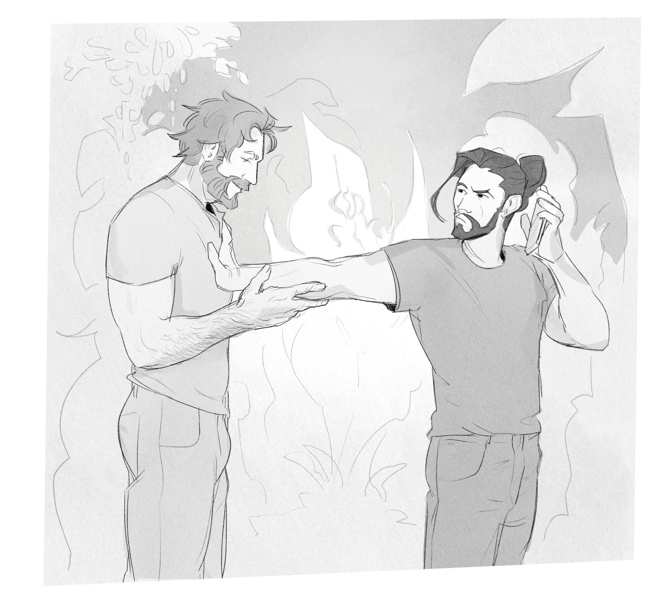 Fanart by showerwhoops of Cole, sex pollened and fascinated by Hanzo's forearm.