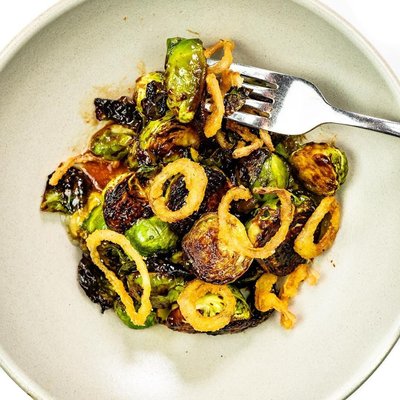 Photo of Canon - Sacramento, CA, US. Vegan Brussels Sprouts with Black Bean Sauce and Fried Shallots