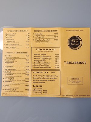 Photo of Big Teriyaki - Lynnwood, WA, US. Menu (1 of 2)