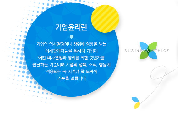 기업윤리란 기업의 의사결정이나 행위에 영향을 받는 이해관계자들을 위하여 기업이 어떤 의사결정과 행위를 취할 것인가를 판단하는 기준이며 기업의 정책, 조직, 행동에 적용되는 꼭 지켜야 할 도덕적 기준을 말합니다.