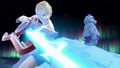 Shulk taunting on the stage with the Polar Bear in the background.