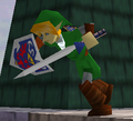 Link teetering in Hyrule Castle in Super Smash Bros.