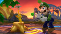 Up taunt's second animation alongside a yellow Pikmin.