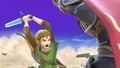 About to strike Ganondorf with his forward smash on Skyworld.