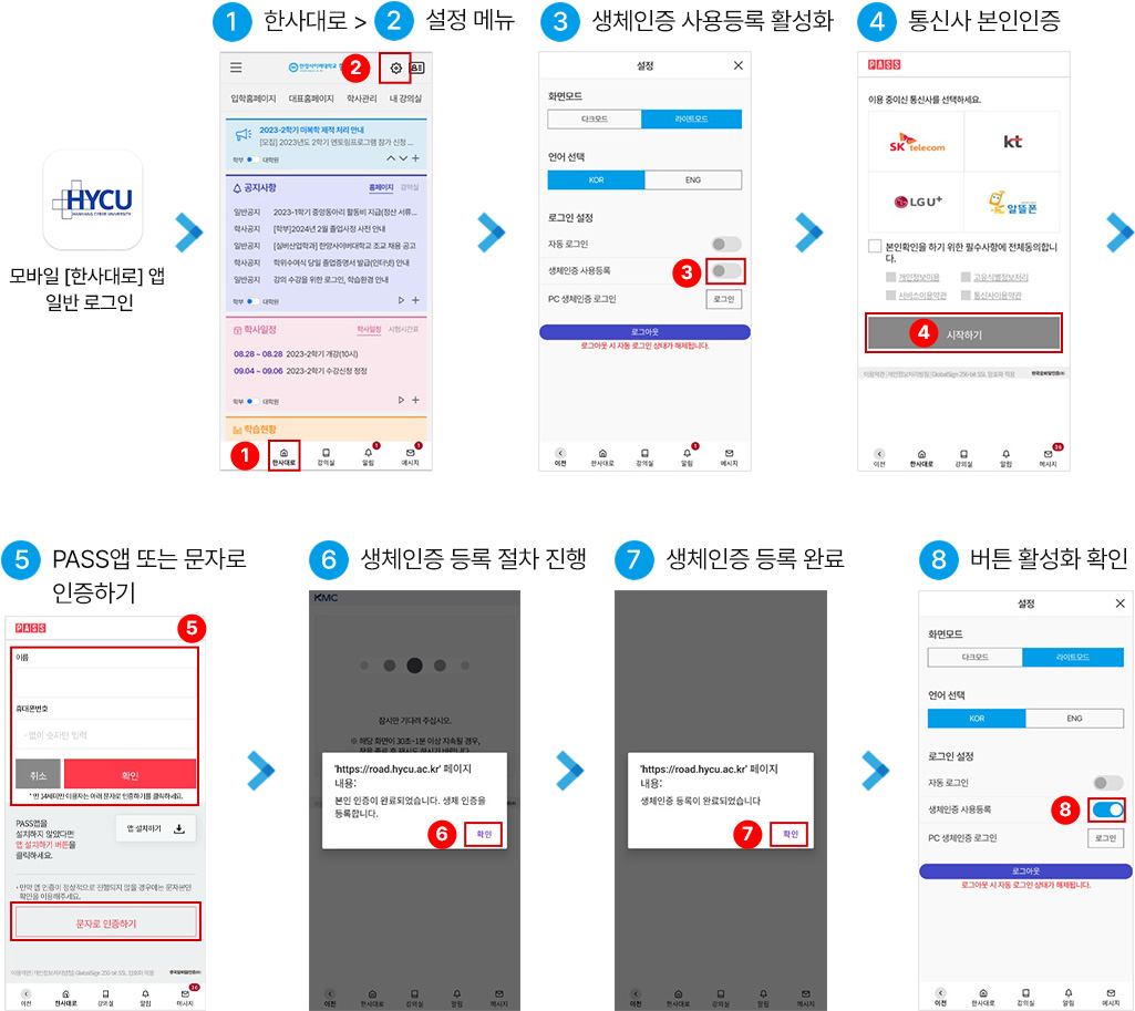 1. 모바일 '한사대로' 앱 일반 로그인 접속 > 2. 설정메뉴 클릭  > 3. 생체인증 사용등록: 활성화 선택 > 4. 시작하기 버튼으로 통신사 본인인증 > 5. PASS앱 또는 문자로 인증하기 > 6. 본인인증 완료 및 생체인증 등록 절차 진행: 확인 > 7. 생체인증 등록 완료: 확인 > 8. 설정메뉴에서 생체인증 사용등록: 활성화 확인