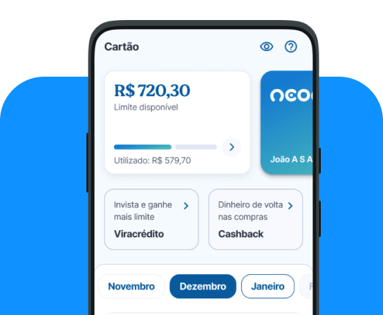 Celular mostrando tela com cartão de crédito Neon