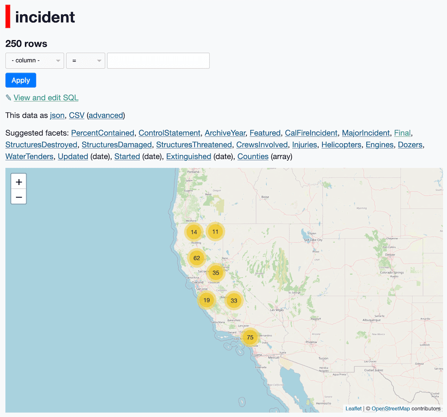 A map showing 250 fires in California