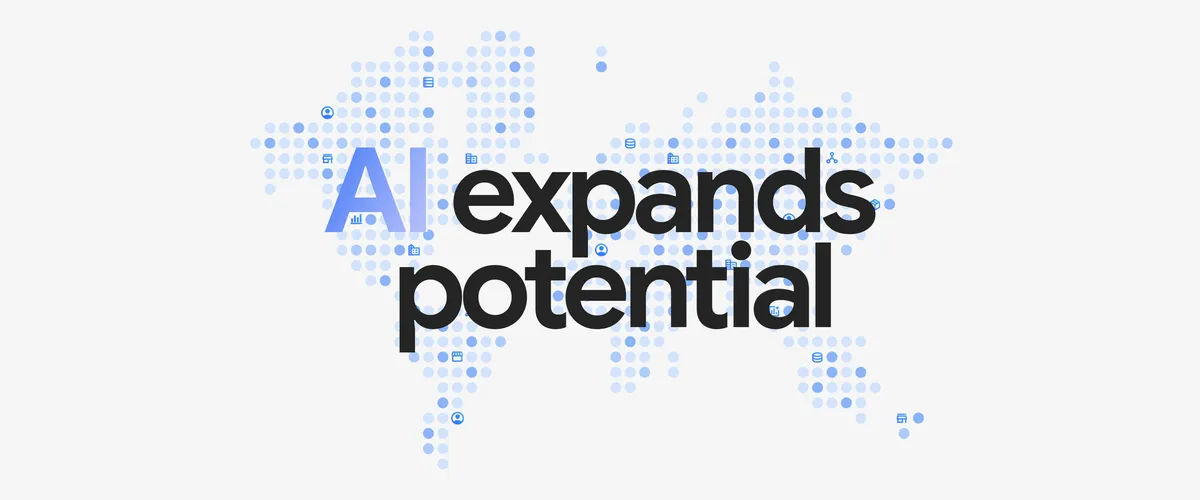 The words "AI expands potential" in black text over an outline of a global map