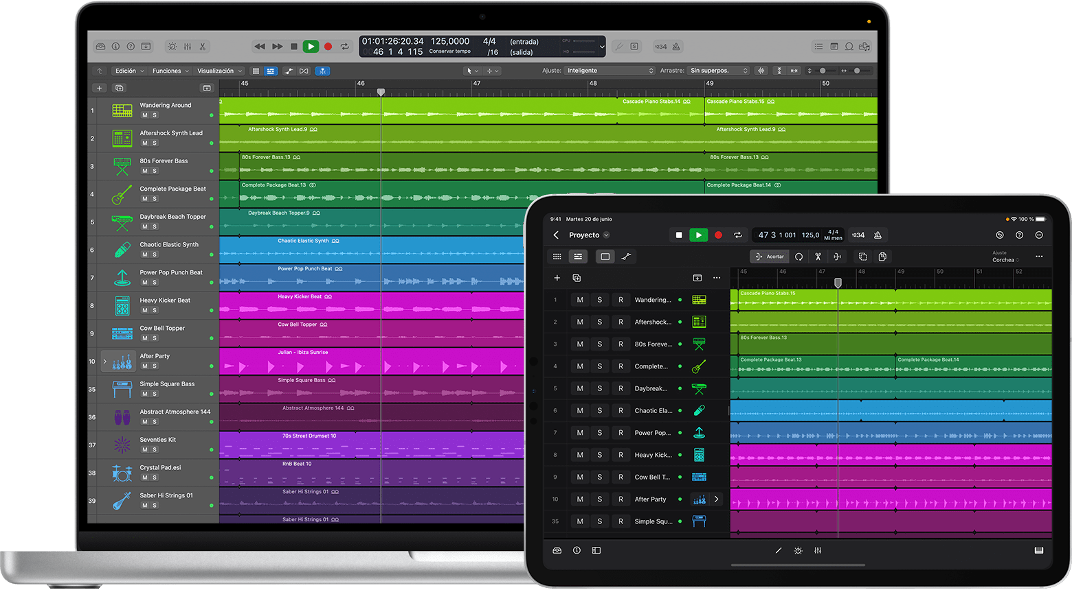 Un Mac y un iPad que muestran las apps de Logic Pro en los dispositivos Bothe