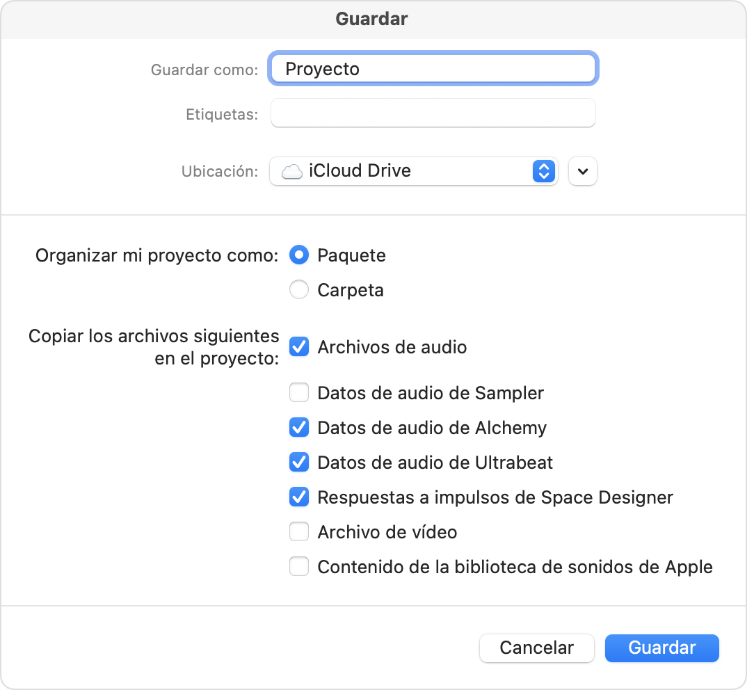 Diálogo para guardar de Logic Pro con el paquete seleccionado