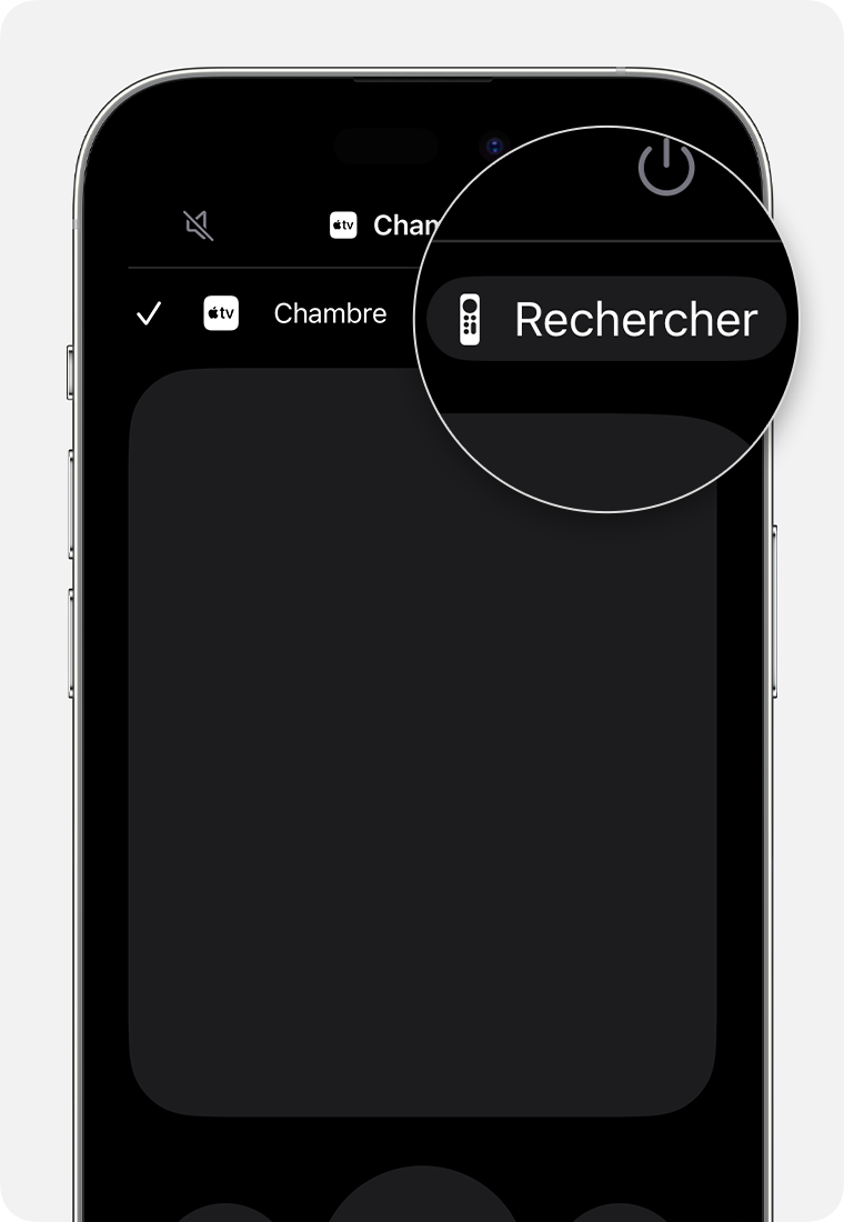 Bouton Rechercher de l’Apple TV Remote iOS visible à côté de l’appareil associé.