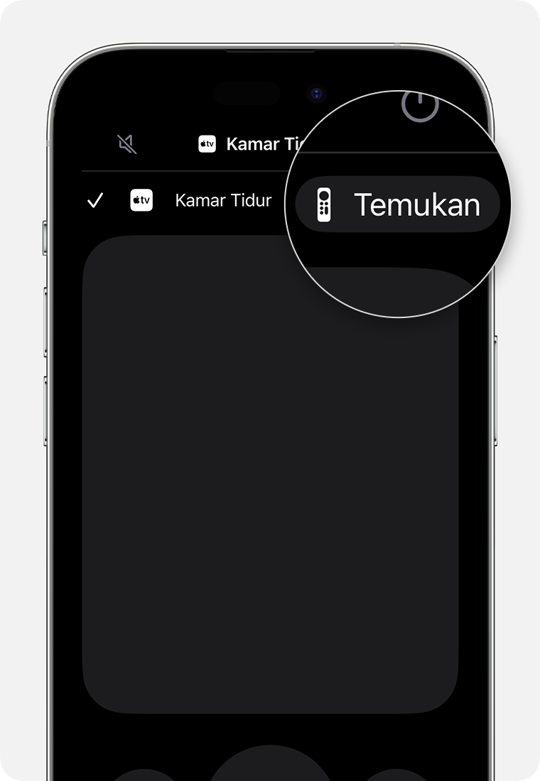 Tombol Temukan di Apple TV Remote iOS berada di sebelah perangkat terkait