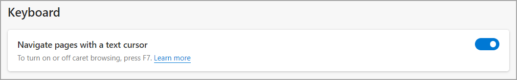 Microsoft Edge menu setting for how to enable Caret browsing.