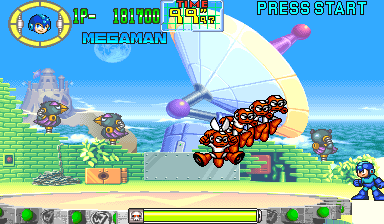 Cutman jumping towards Mega Man leaving a trail of afterimages.