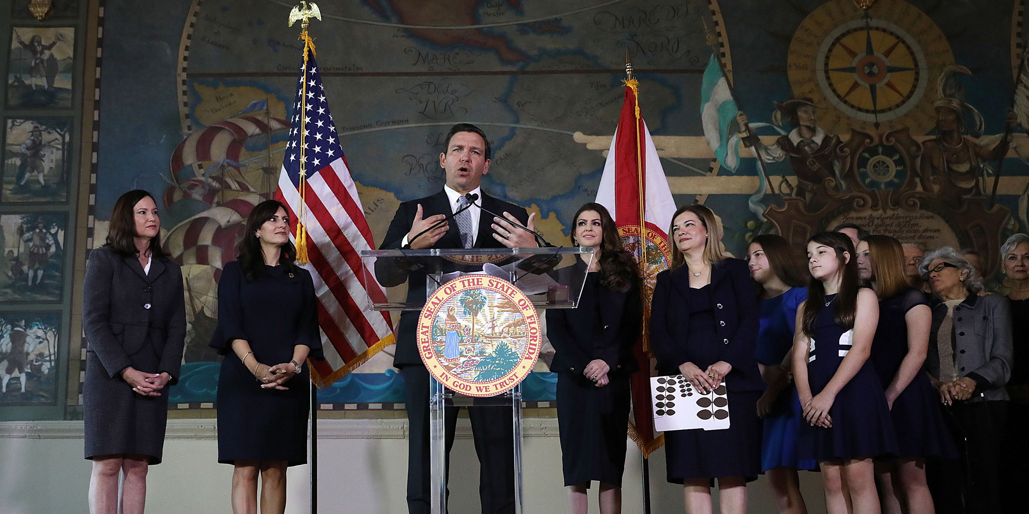 MIAMI, FLORIDA - JANUARY 09: Newly sworn-in Gov. Ron DeSantis announces Barbara Lagoa (2nd to the right of him) as his choice to be seated on the Florida Supreme Court during an event at the Freedom Tower on January 09, 2019 in Miami, Florida. Mr. DeSantis was sworn in yesterday as the 46th governor of the state of  Florida.(Photo by Joe Raedle/Getty Images,)