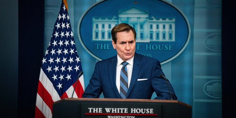 At the White House Press Secretary Karine Jean-Pierre and NSC John Kirby are holding a press briefing, on January 31, 2024. (Photo by Andrew Thomas/NurPhoto via Getty Images)