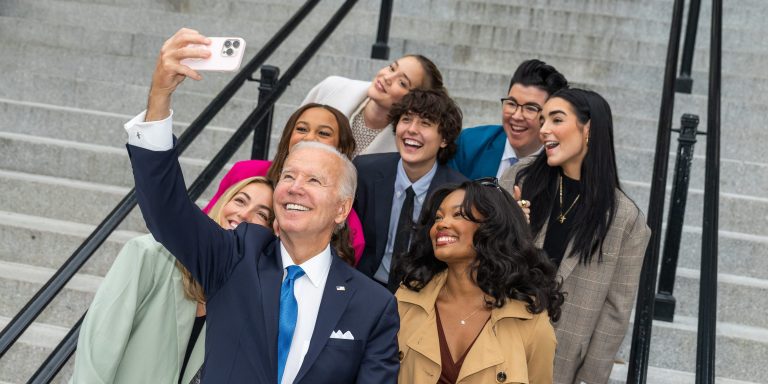 President Joe Biden greets digital content creators, Tuesday, October 25, 2022, on the Navy Steps of the Eisenhower Executive Office Building at the White House. (Official White House Photo by Adam Schultz)