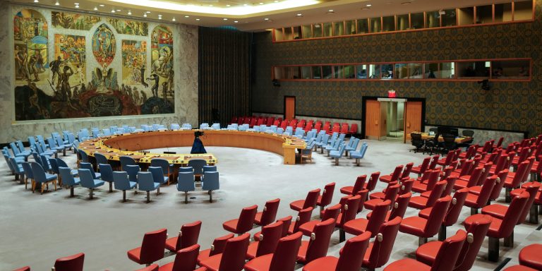 A view of an empty United Nations Security Council ahead of a meeting on the situation in the Middle East, including Iran's recent attack on Israel, at UN headquarters in New York City on April 14, 2024. World leaders urged restraint on April 14 after Israel came under an unprecedented attack from Iranian drones and missiles that drew widespread condemnation and sparked fears of a broader conflict. The UN Security Council emergency meeting was requested by Israel. (Photo by Charly TRIBALLEAU / AFP) (Photo by CHARLY TRIBALLEAU/AFP via Getty Images)