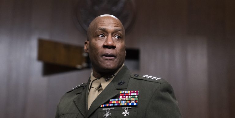 Gen. Michael Langley, USMC, Commander, U.S. Africa Command, arrives for a Senate Armed Services Committee hearing on Thursday, March 16, 2023.