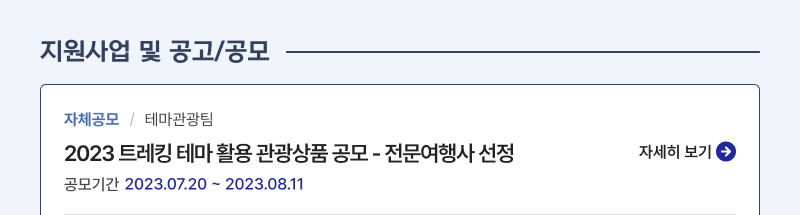  지원사업 및 공고/공모 자체공모 / 테마관광팀 2023 트레킹 테마 활용 관광상품 공모 - 전문여행사 선정 자세히 보기 공모기간 2023.07.20 ~ 2023.08.11 