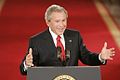 Bush speaking at podium during press conference, April 28, 2005