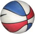 A blue, white and red colored basketball.