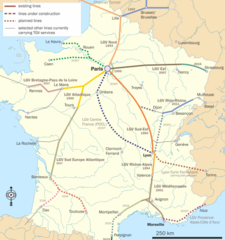 Map of French TGV lines in use and under construction.