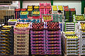 Stall of apples at the Rungis Market, France.