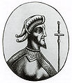   This image is a JPEG version of the original PNG image at File: Sweyn drawing.png. Generally, this JPEG version should be used when displaying the file from Commons, in order to reduce the file size of thumbnail images. However, any edits to the image should be based on the original PNG version in order to prevent generation loss, and both versions should be updated. Do not make edits based on this version. Admins: Although this file is a scaled-down duplicate, it should not be deleted! See here for more information. Sweyn Forkbeard, c.970-1014, etching by unknown engraver, image taken from a coin. 15 x 8.5cm (6 x 3 3/8"). National Portrait Gallery (RN49478).