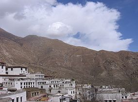 Buildings and mountains of Drepung Monastery, near Lhasa